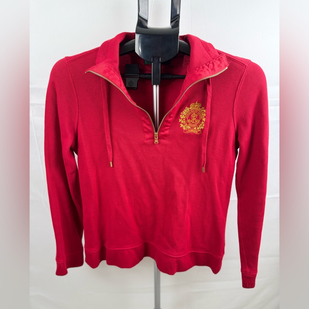 Lauren Ralph Lauren Red Quarter Zip Sweater Crest Logo Gold Women’s Petite M